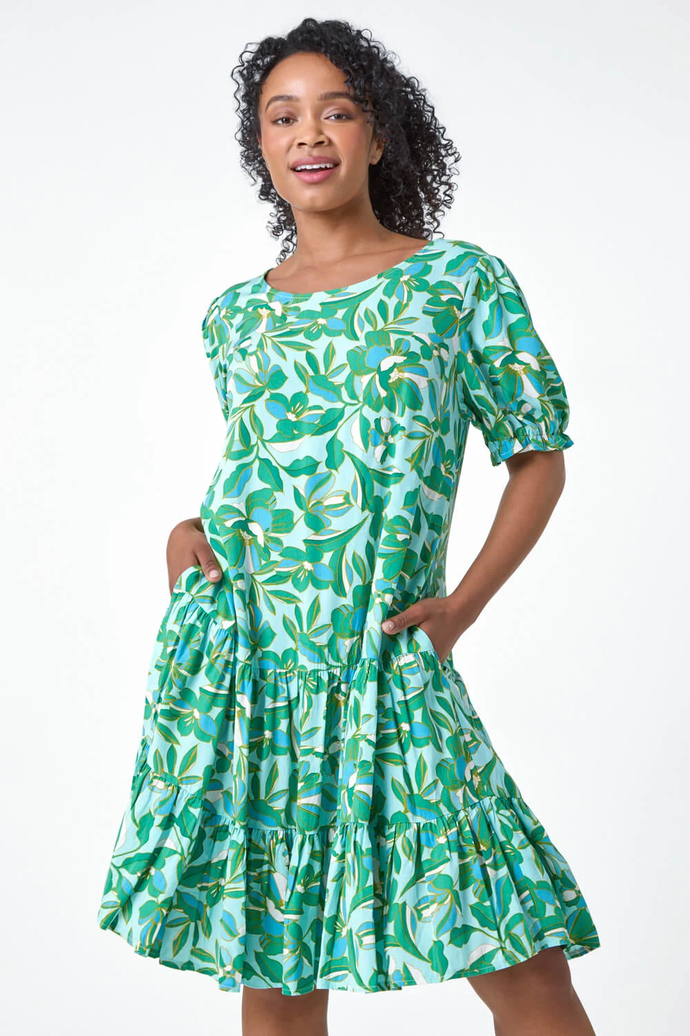 Roman Originals Petite Floral Tiered Smock Dress in Green - Size 16