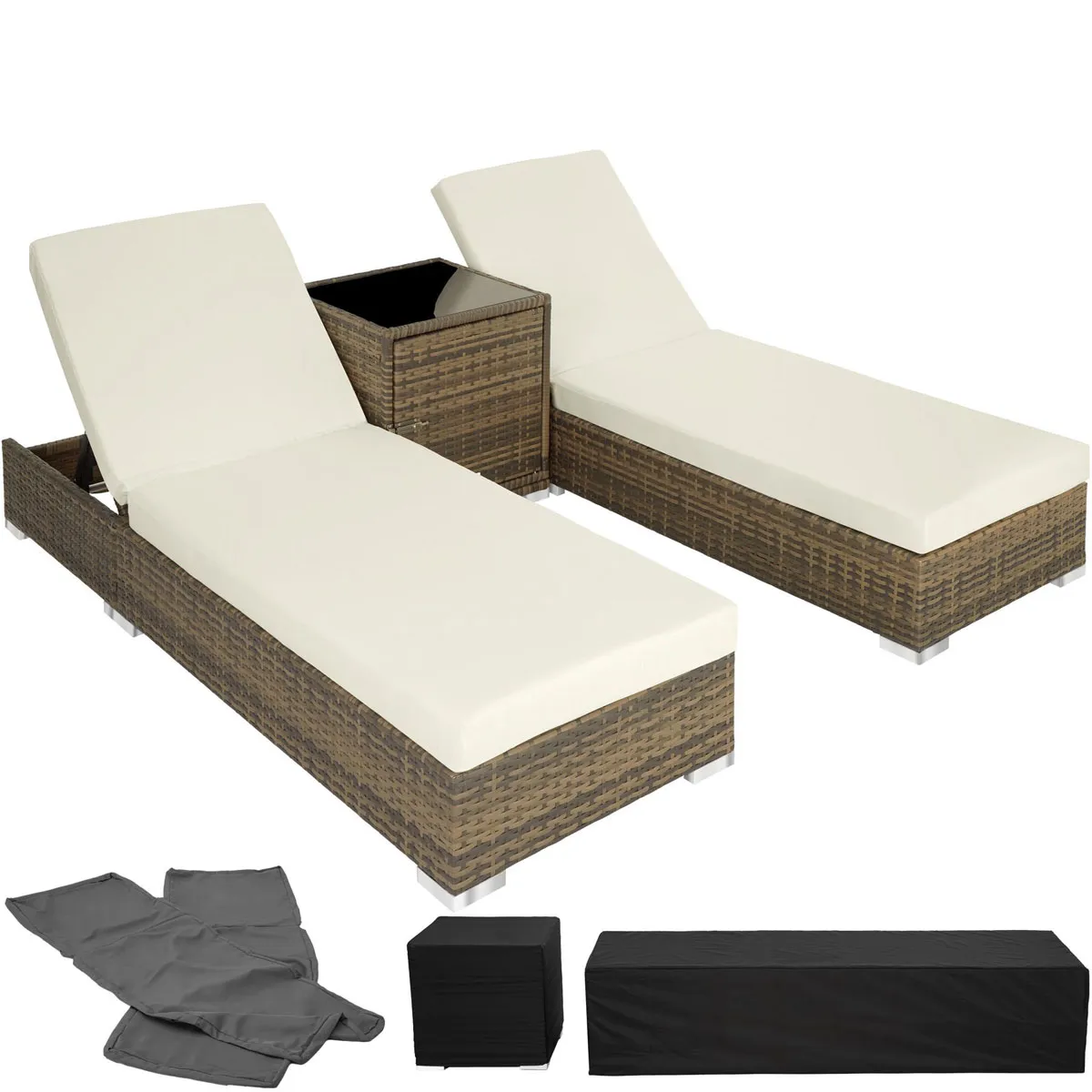 TecTake 2 Rattan Sunloungers And Table With Protective Cover - Cream