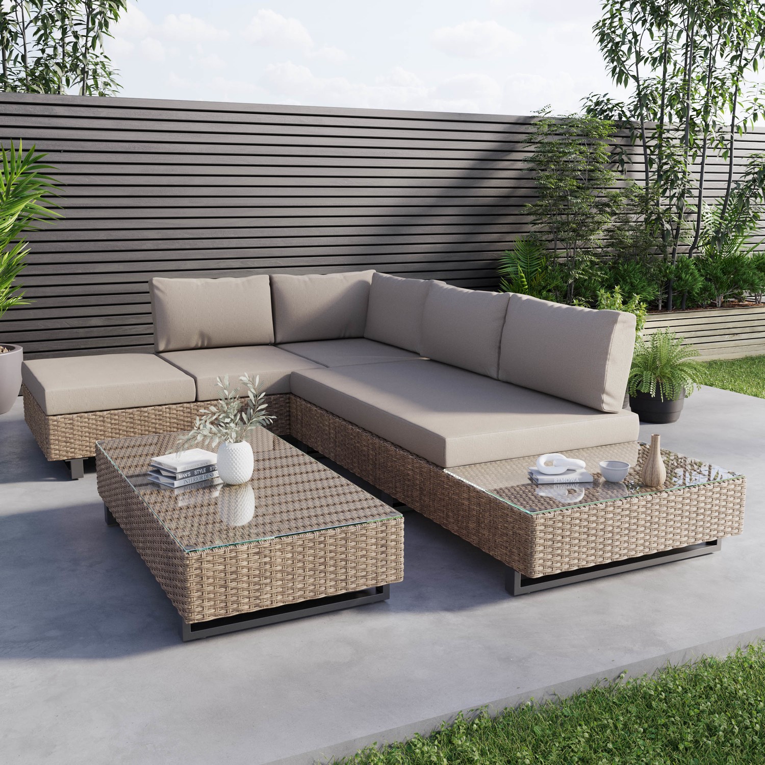 Natural Rattan Corner Sofa Set with Reclining Sun Lounger and Glass Top Coffee Table - 