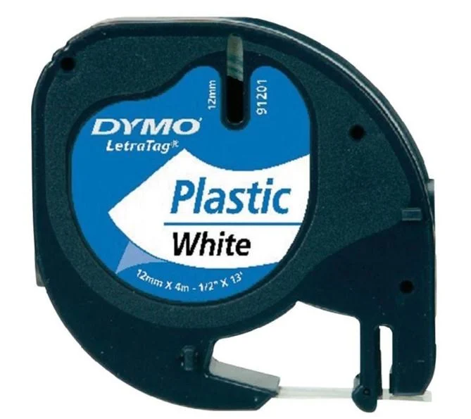 Dymo LT S0721610 / 91201 Authentic LetraTag Label Tape Self Adhesive Black Print on White 12 mm x 4m