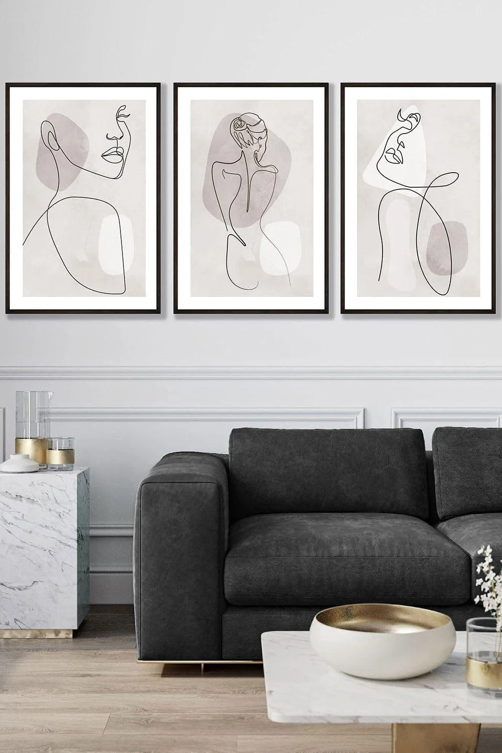 ARTZE Set of 3 Framed Beige and Grey Female Line Art Prints 53cm(W) x 73cm(H)|black