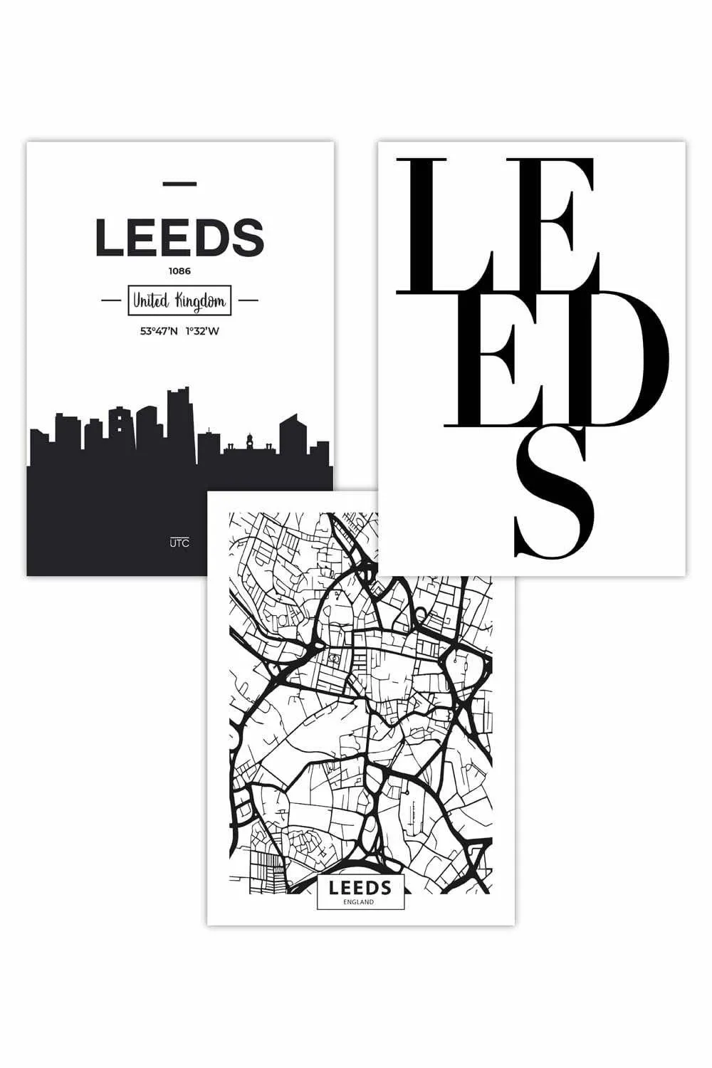 Artze Set Of 3 Leeds Skyline Street Map City Prints Art Posters