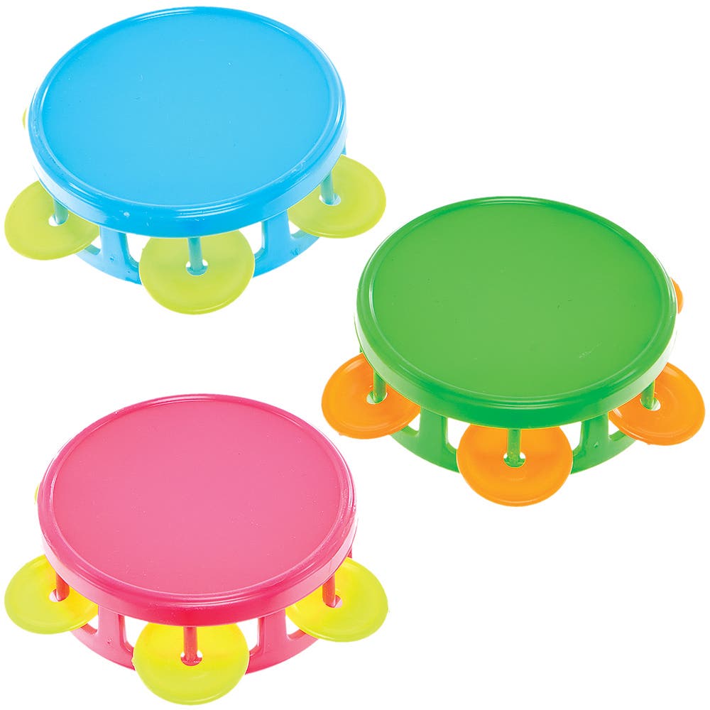 Baker Ross Mini Toy Tambourines (Pack of 6) Pocket Money Toys, Gifts For Children 3 assorted colourways - Pink/Yellow, Green/Orange & Blue/Yellow