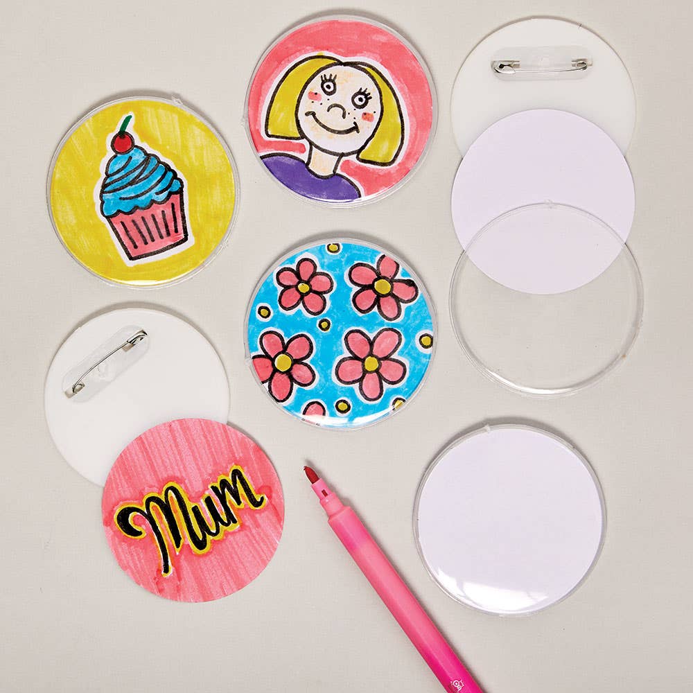 Baker Ross Badge Kits - 10 Make Your Own Badge Kits. Size 55mm diameter. Contains plastic badge moulds & plain paper discs to create your own designs.