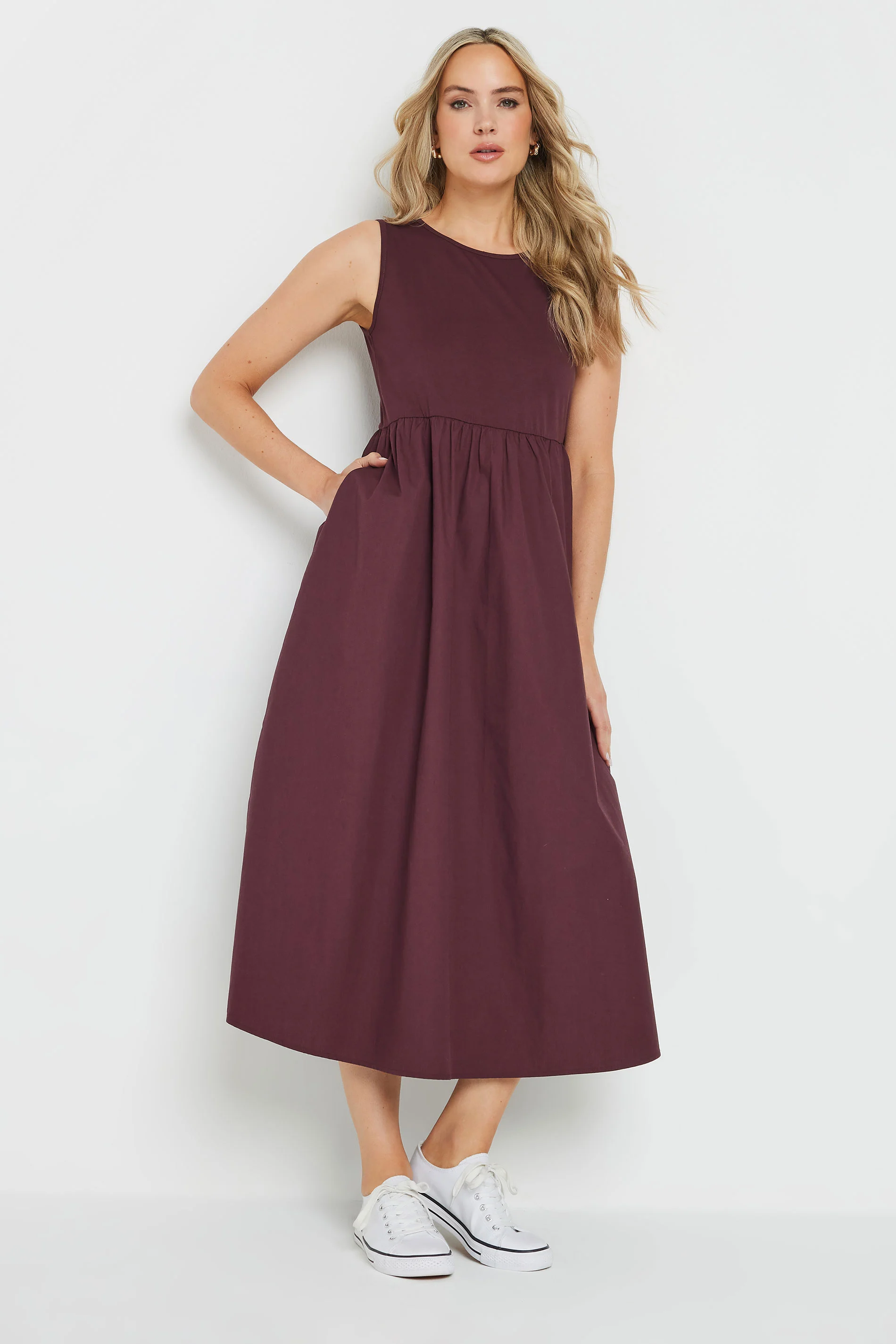  Tall Burgundy Red Jersey & Woven Mix Fabric Midi Dress 18 | Tall Women's Jersey Dresses