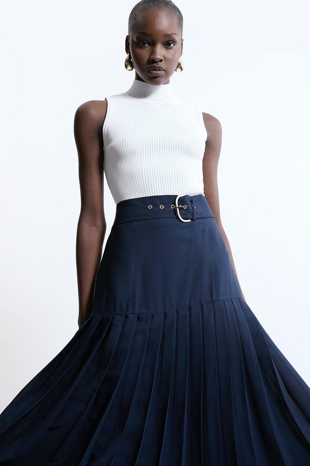 Georgette Asymmetric Pleat Woven Midi Skirt