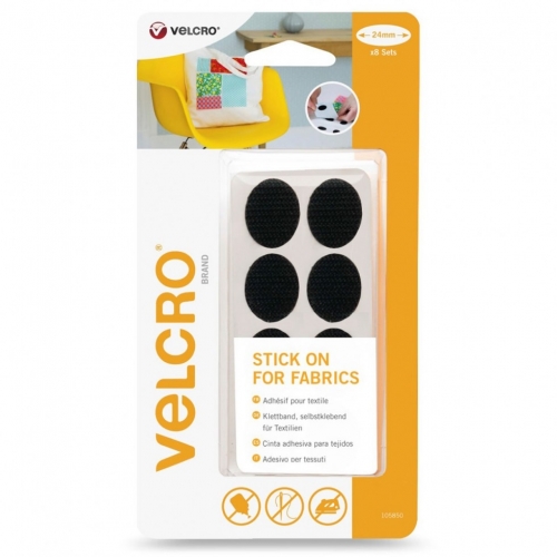 VELCRO Brand VELCRO® Brand Stick On Ovals For Fabrics, 24mm, Pack of 8, Black