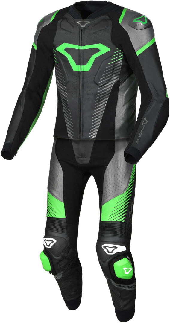  Macna Tronniq tuta in pelle da moto traforata a due pezzi, nero-verde, dimensione 50