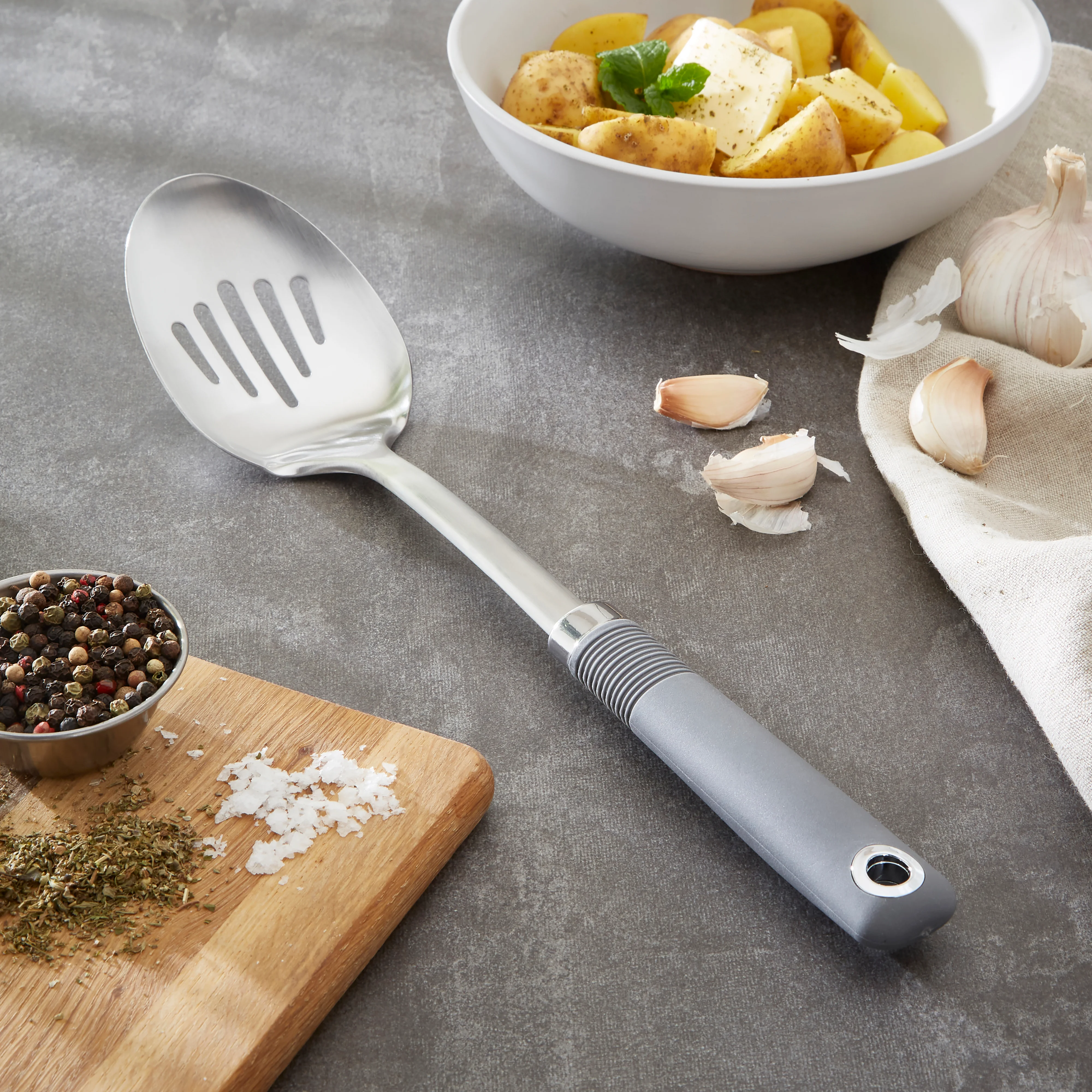 Dunelm Slotted Spoon with Soft Grip Handle Grey