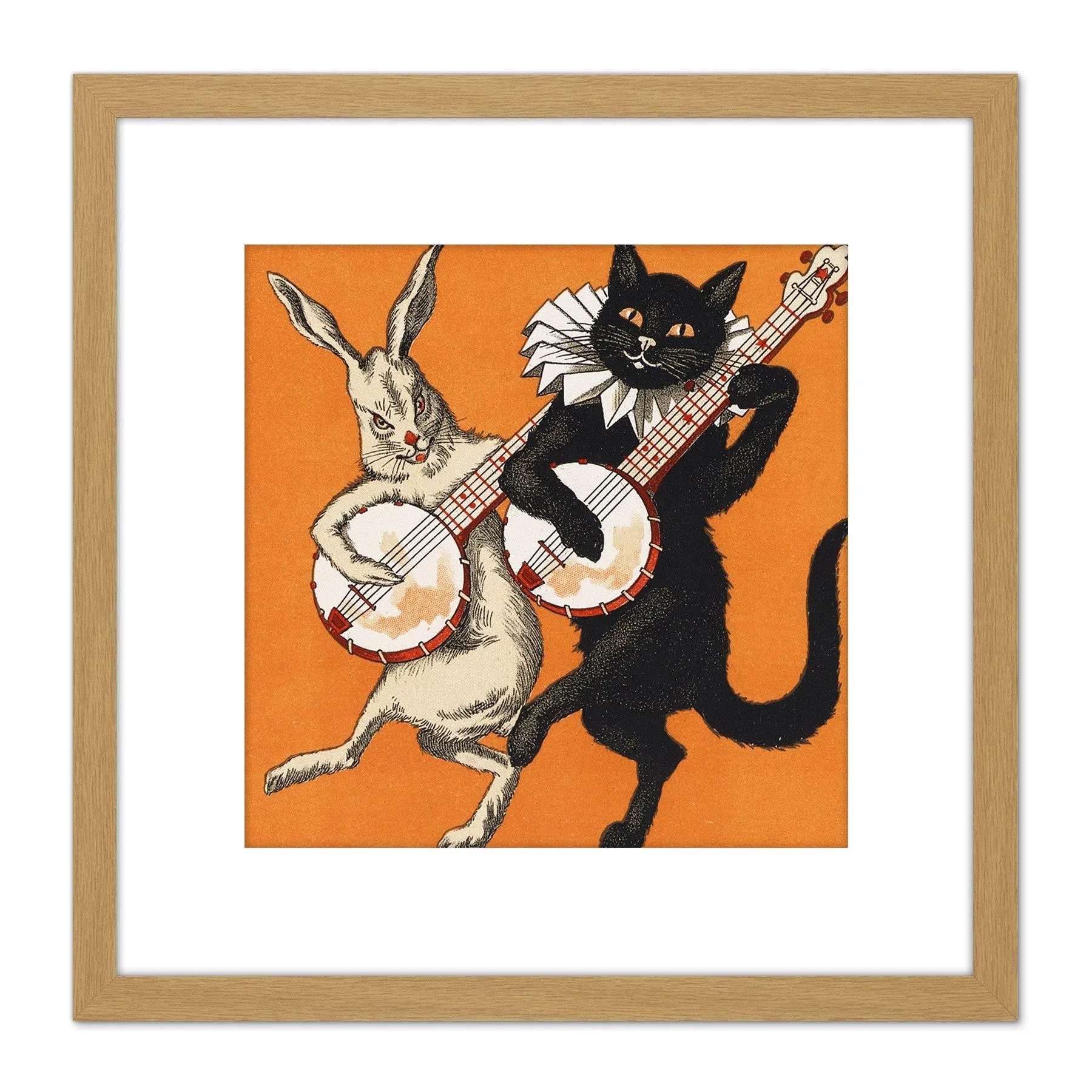 Artery8 Cat And Hare With Banjos 8X8 Inch Square Wooden Framed Wall Art Print Picture with Mount