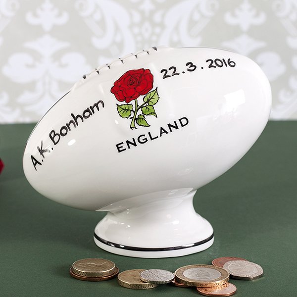 Personalised Heron China Rugby Ball Money Box - Rugby Gifts