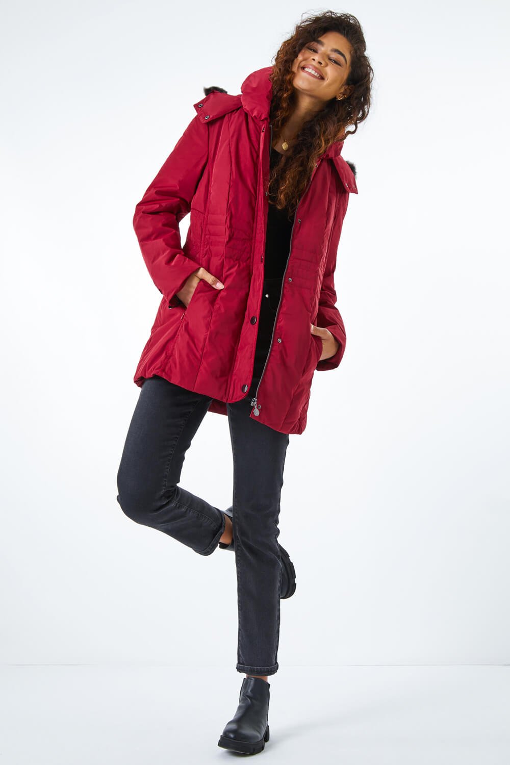 Roman Originals Faux Fur Hooded Coat in Red