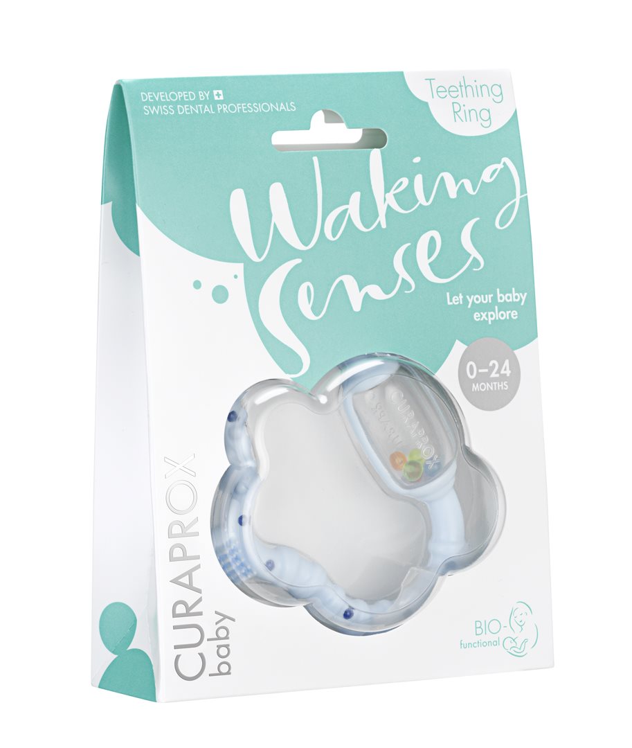 Curaprox Baby Waking Senses Teething ring with a massage brush and rattle
