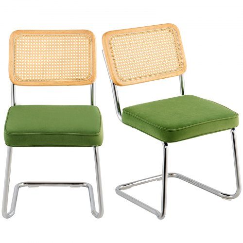  Rattan Chairs, Set of 2, Mid Century Modern Dining Chair, Upholstered Velvet Accent Chair with Rattan Back, Retro Dining Room Kitchen Chair for