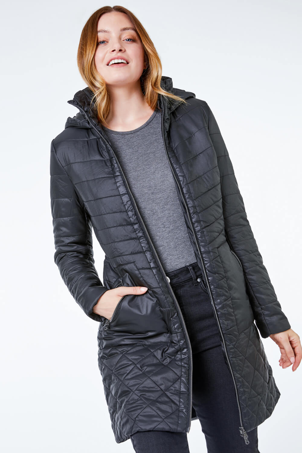 Roman Originals Longline Quilted Coat with Hood in Black