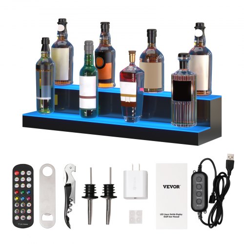  LED Lighted Liquor Bottle Display, 2 Tiers 30 Inches, Illuminated Home Bar Shelf with RF Remote & App Control 7 Static Colors 1-4 H Timing, Acry