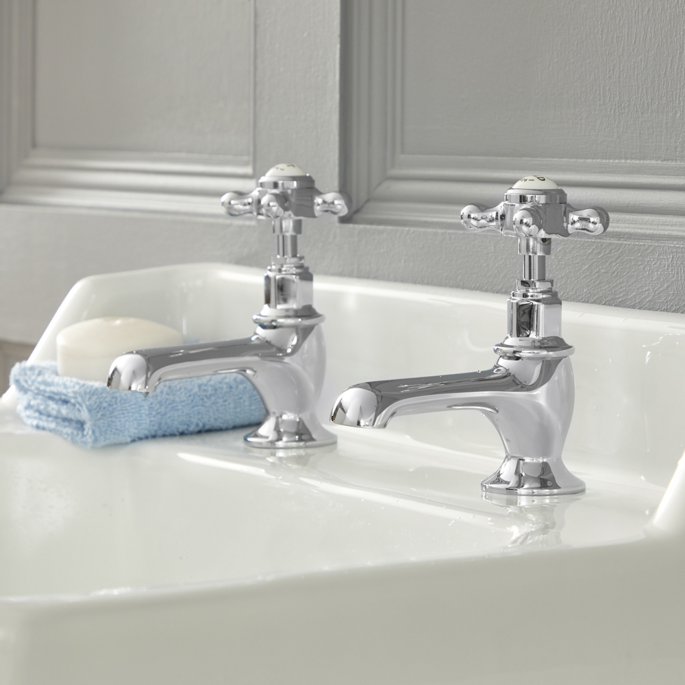 Hudson Reed Milano Elizabeth - Traditional Crosshead Basin Pillar Taps - Chrome and White