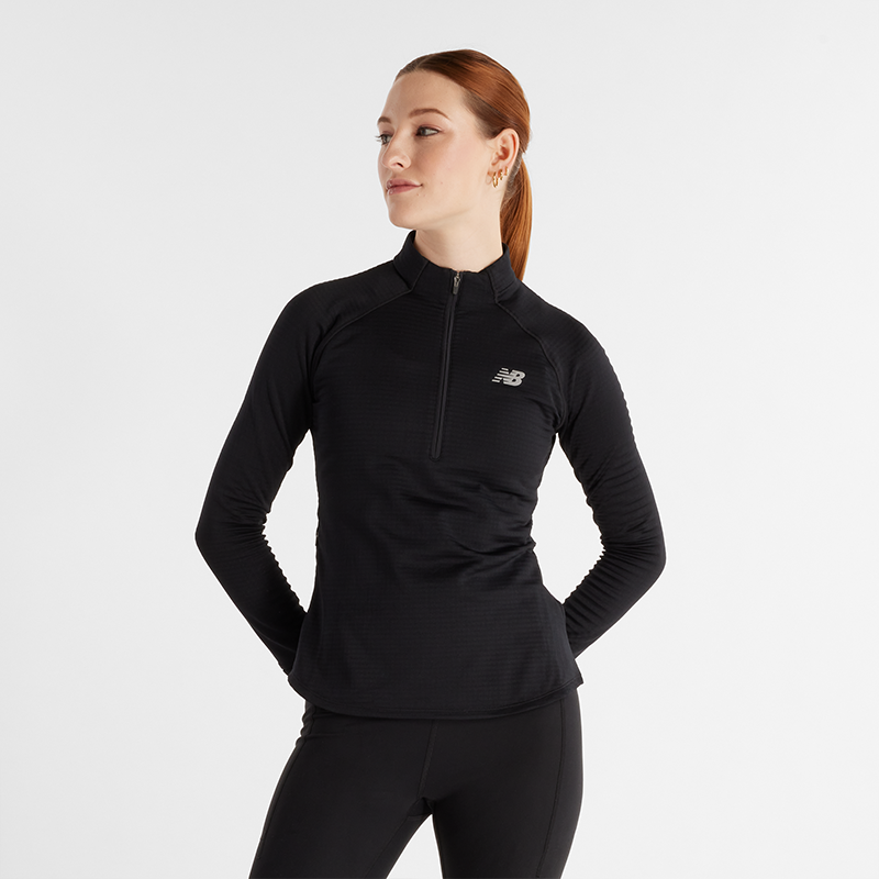 New Balance Women's Athletics Heat Grid 1/2 Zip in Black Poly Knit, size Large