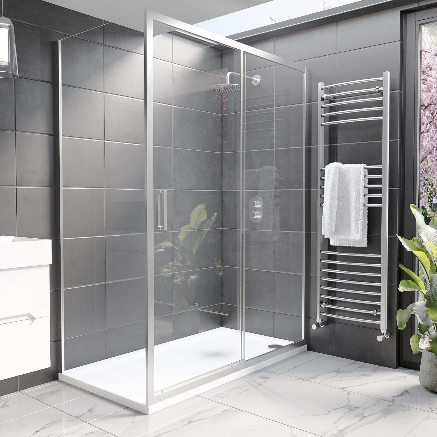 Pavo 1400x800mm Rectangular Sliding Shower Enclosure with Shower Tray-