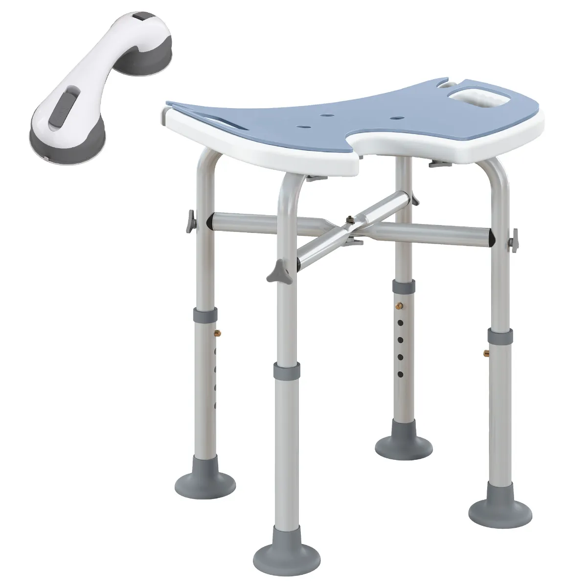 Homcom Aluminium Height-Adjustable U-Shaped Padded Bathroom Shower Stool - Light Blue, Blue
