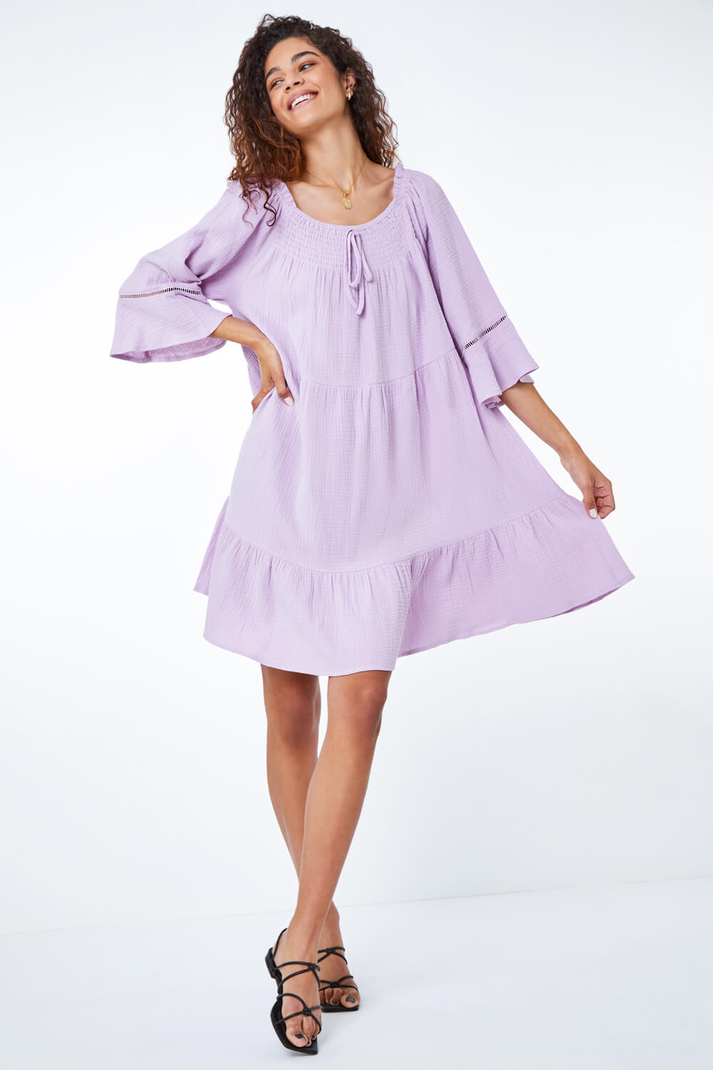 Roman Originals Tiered Cotton Tie Detail Smock Dress in Lilac