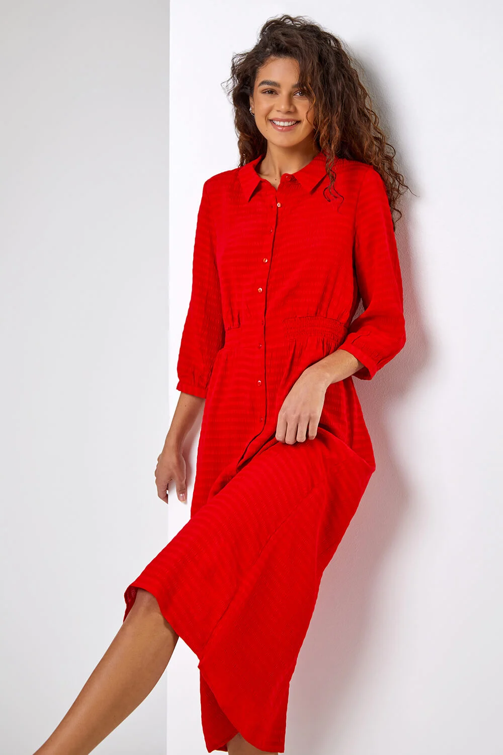 Roman Originals Textured Midi Shirt Dress in Red