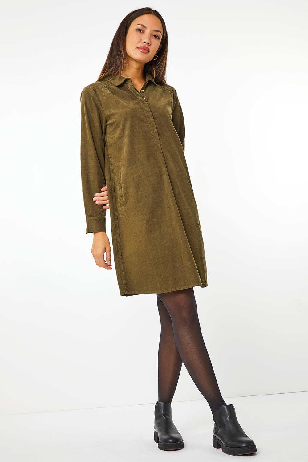 Roman Originals Corduroy Tunic Shirt Dress in Khaki