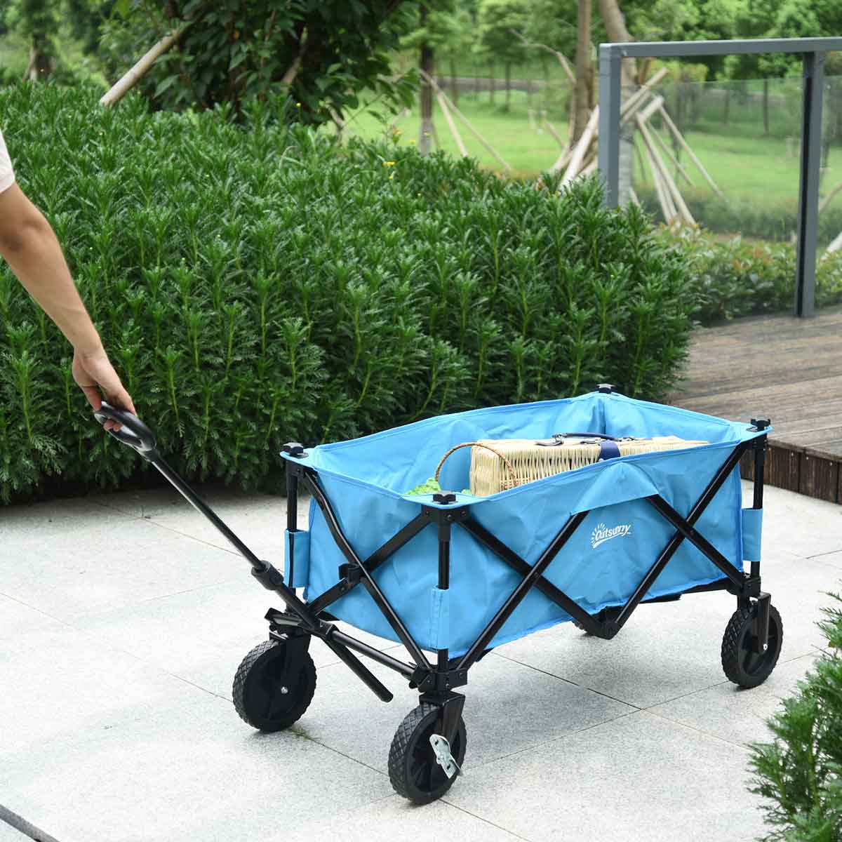 Outsunny  Folding Outdoor Storage Trolley Cart Telescopic Handle Blue