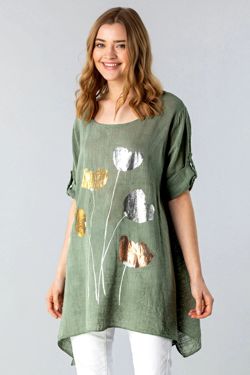 Roman Women's Longline Foil Print Tunic Top|Size: S|khaki