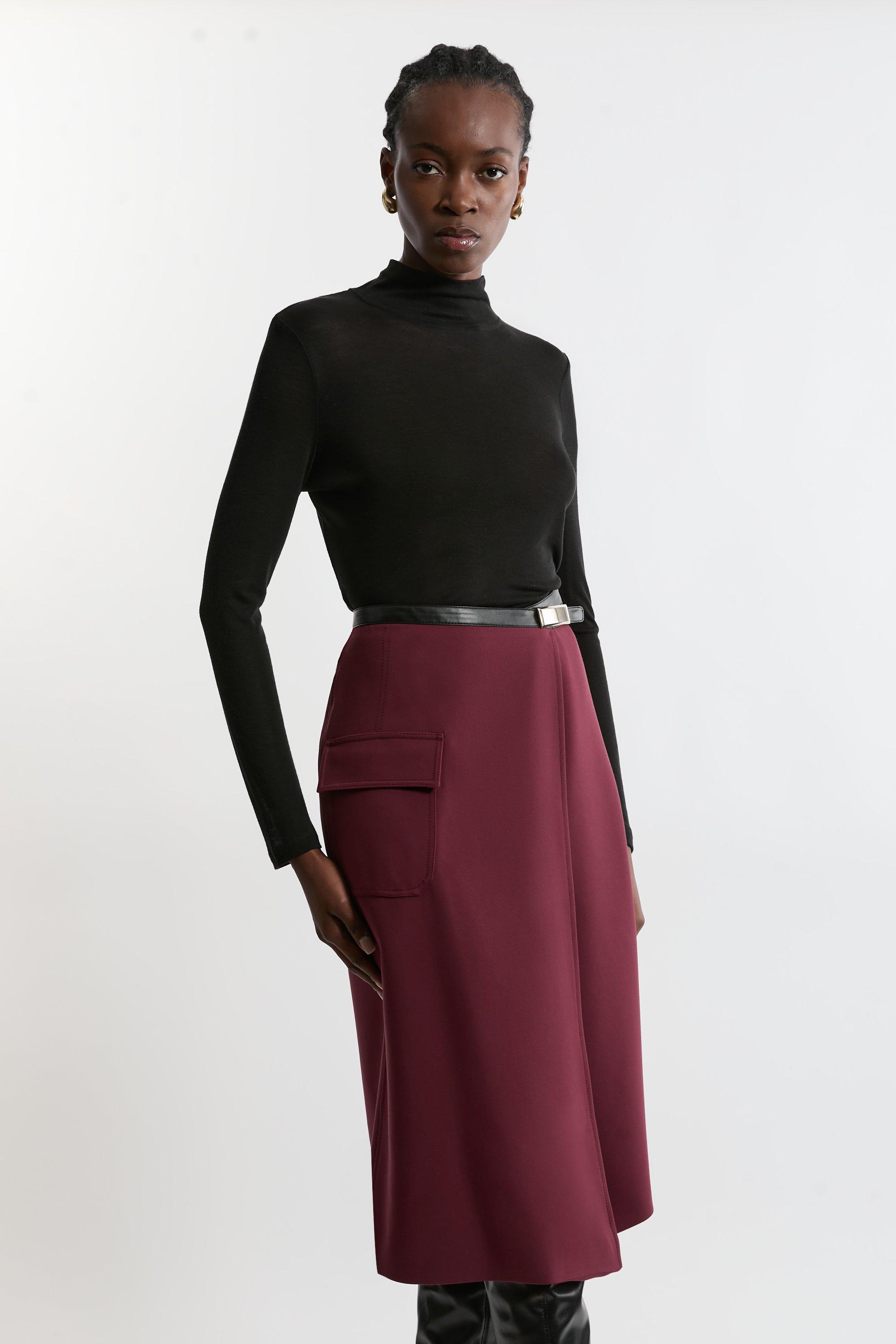 Compact Stretch Tailored Pu Tipped Wrap Midi Skirt