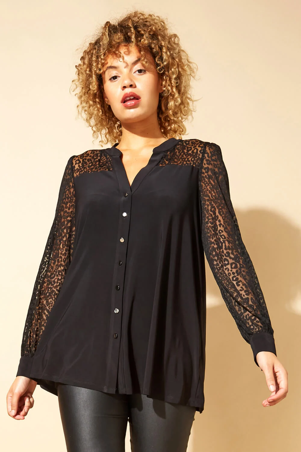 Roman Women's Animal Print Mesh Detail Long Sleeve Blouse|Size: 10|black