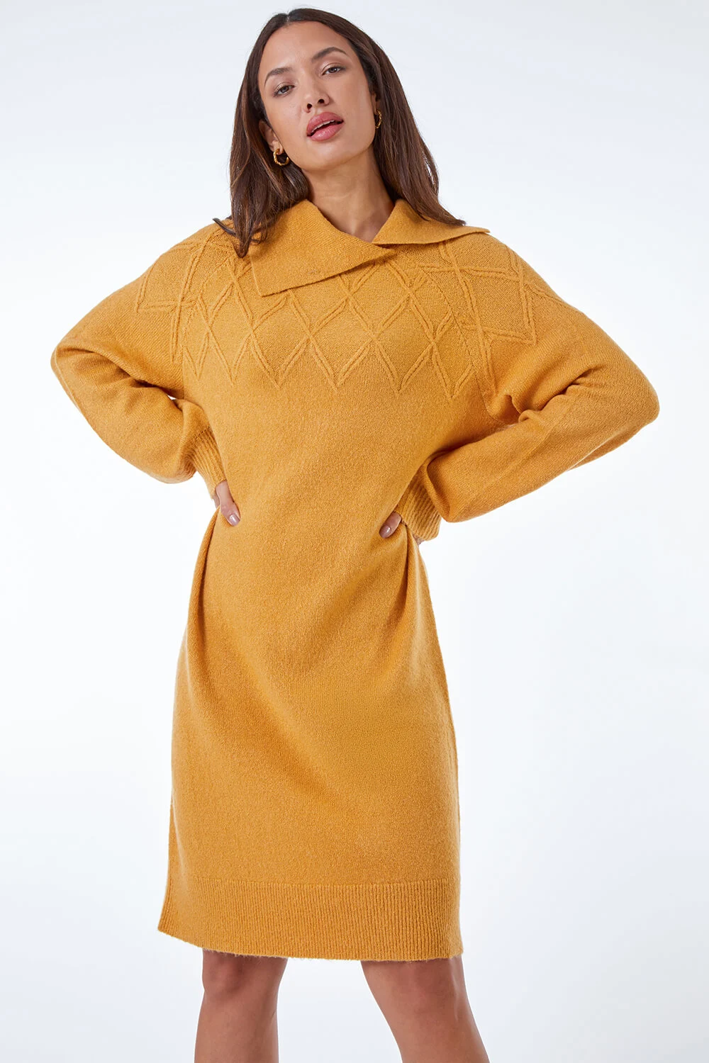 Roman Originals Split Neck Jumper Dress in Amber