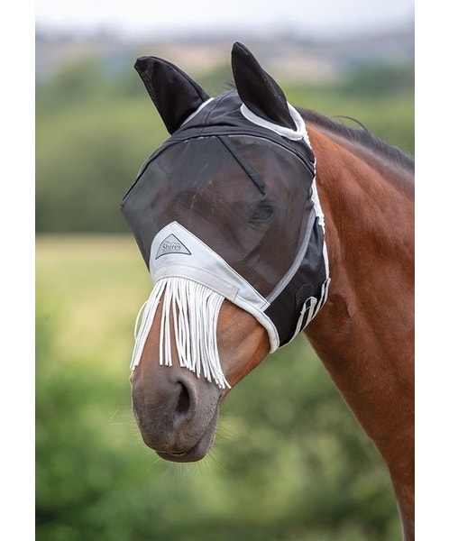 Shires Equestrian Fly Masks | Shires Fine Mesh Fly Mask with Nose Fringe Colour Black Size Pony