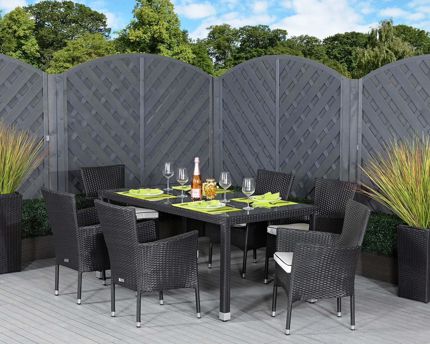 Cambridge 6 Stackable Rattan Garden Chairs and Open Leg Rectangular Table Set in Black and Vanilla