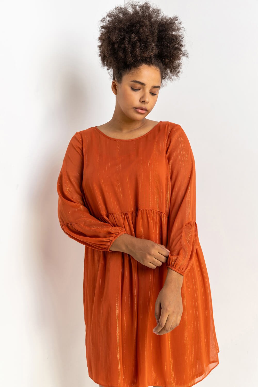 Roman Originals Chiffon Lurex Stripe Smock Dress in Rust