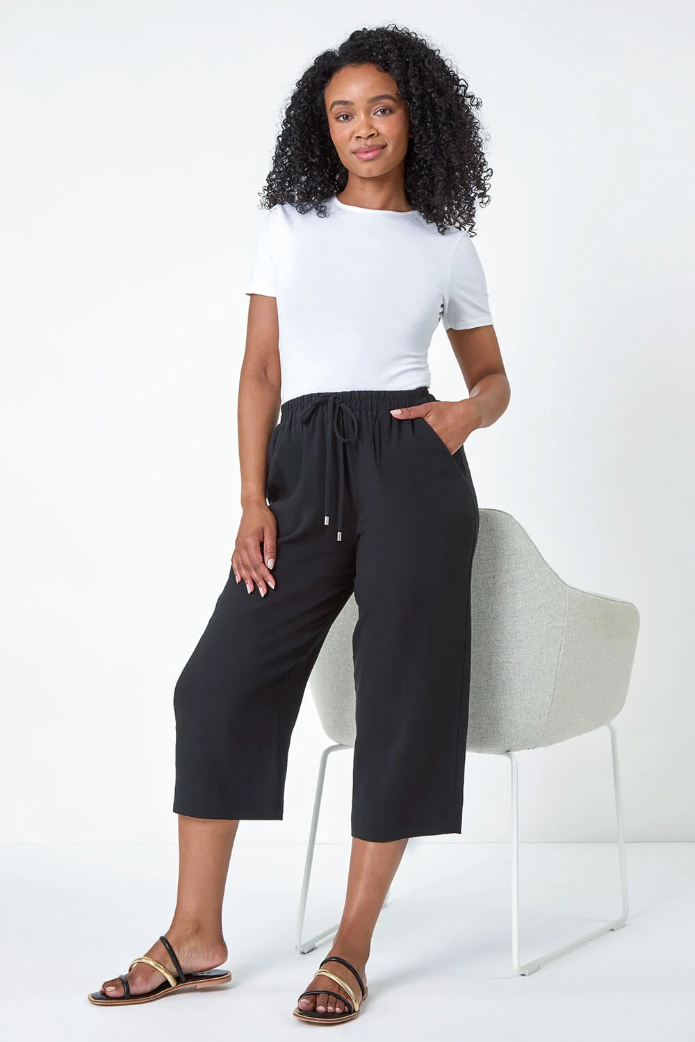Petite Linen Mix Wide Cropped Trousers