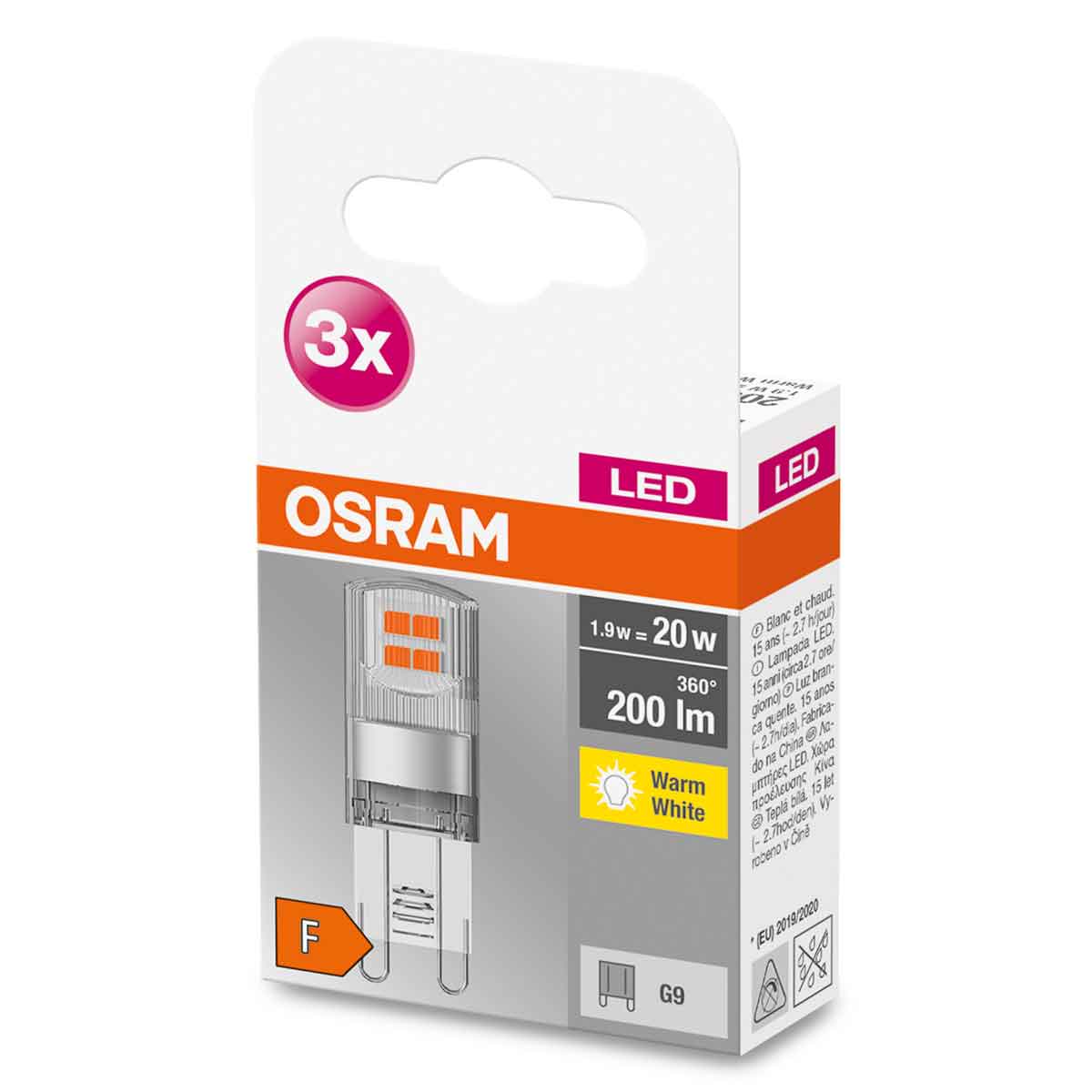 OSRAM bi-pin LED bulb G9 1.9W 2,700K clear 3-pack