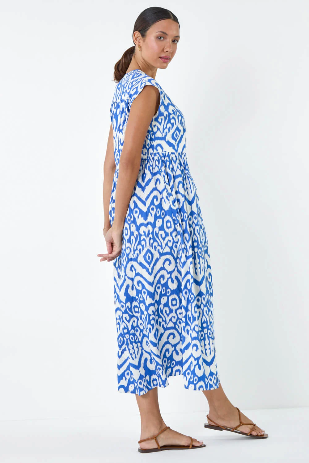  Aztec Print Midi Smock Dress in Royal Blue - Size 14