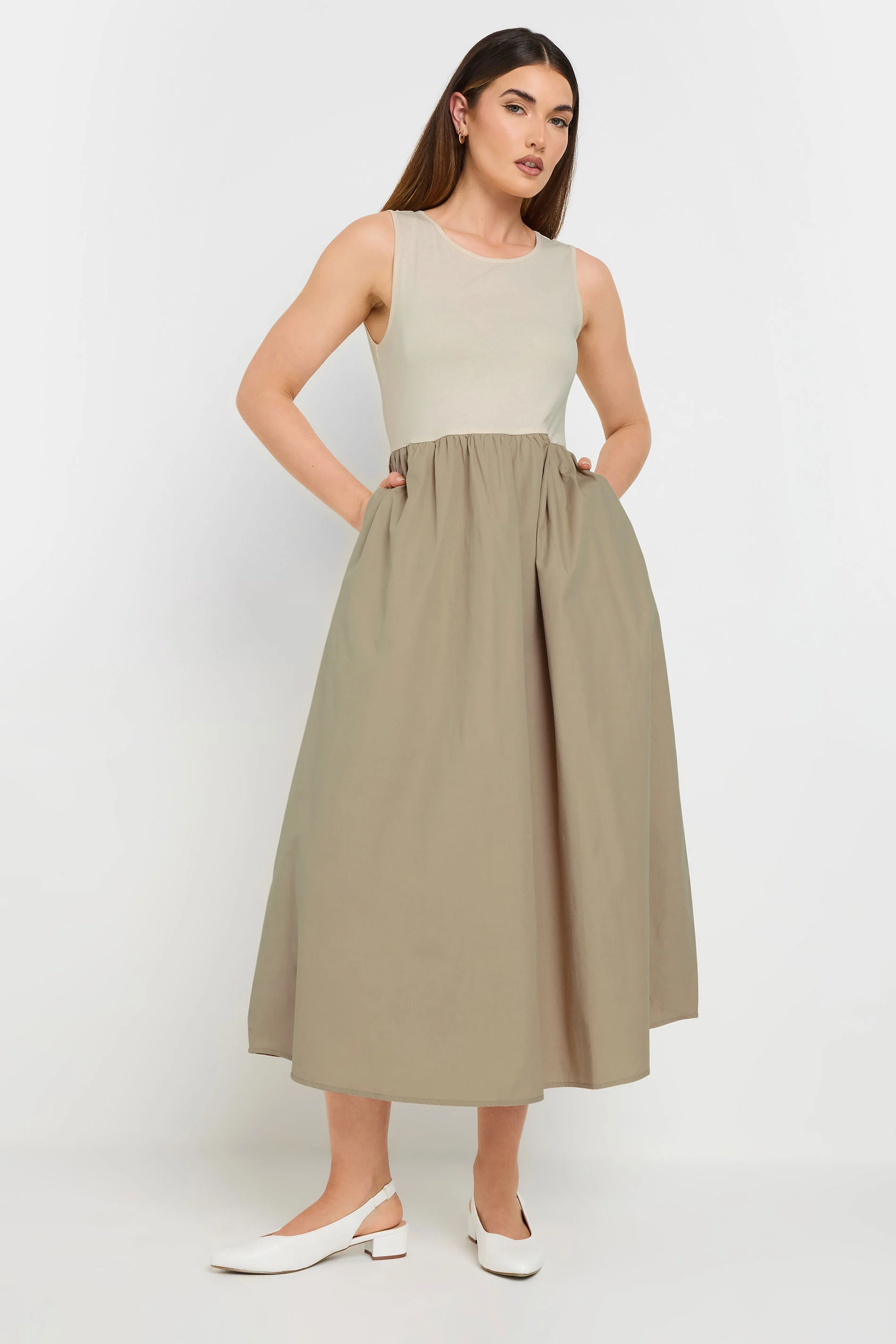  Tall Beige Brown Jersey & Woven Mix Fabric Midi Dress 22-24 | Tall Women's Jersey Dresses
