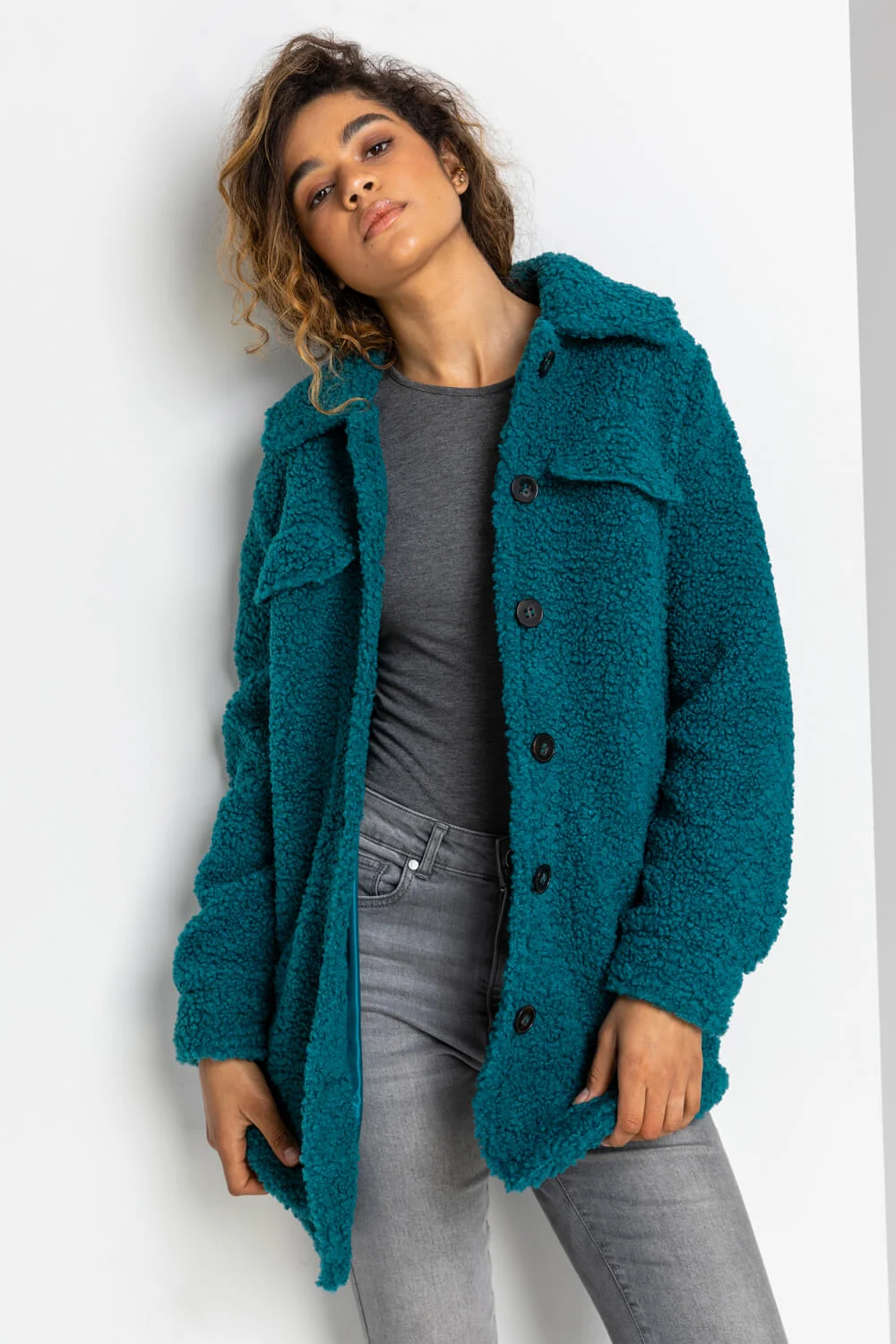 Roman Originals Faux Fur Teddy Shacket Coat in Teal
