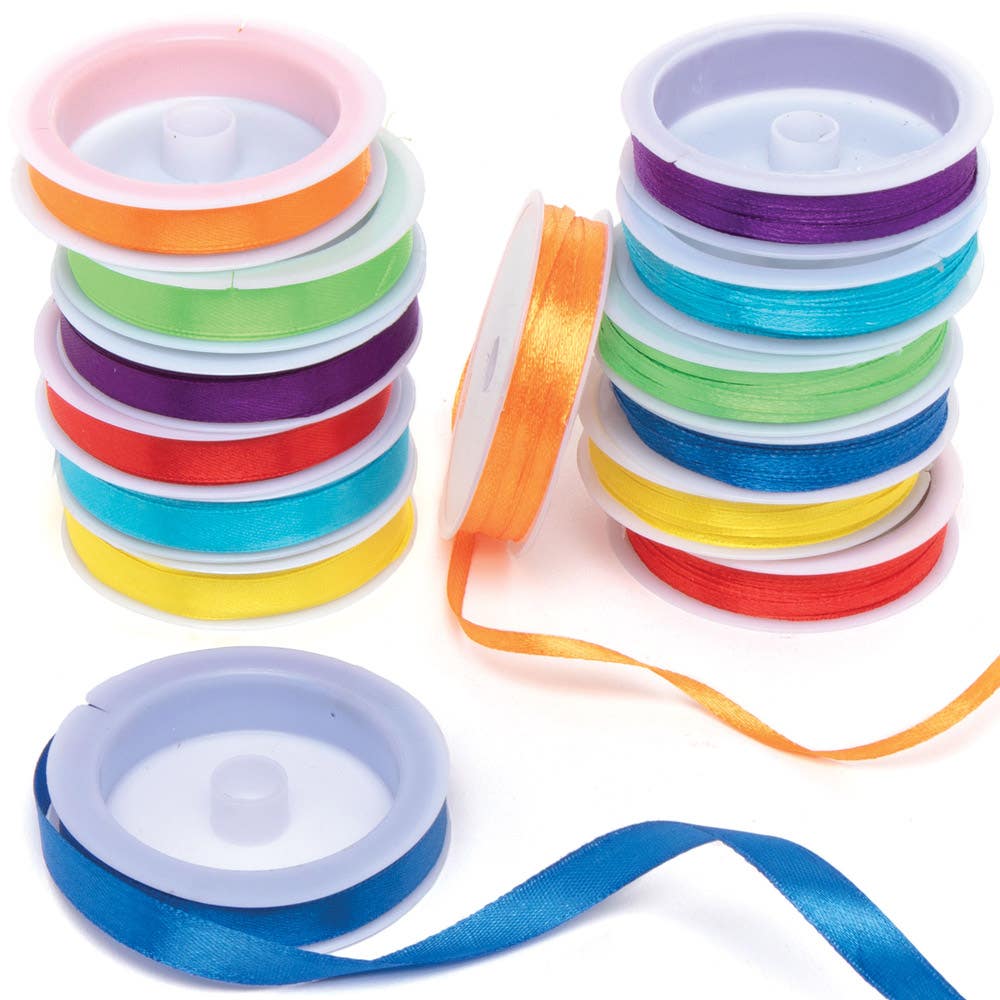 Baker Ross Value Pack 105 Metres Rainbow Satin Ribbons - 14 Reels Silk Ribbons For Decorating & Gift Wrapping. Widths 4mm & 10mm.