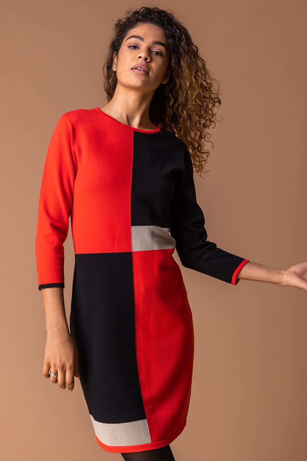 Roman Originals Colour Block Knitted Dress in Black