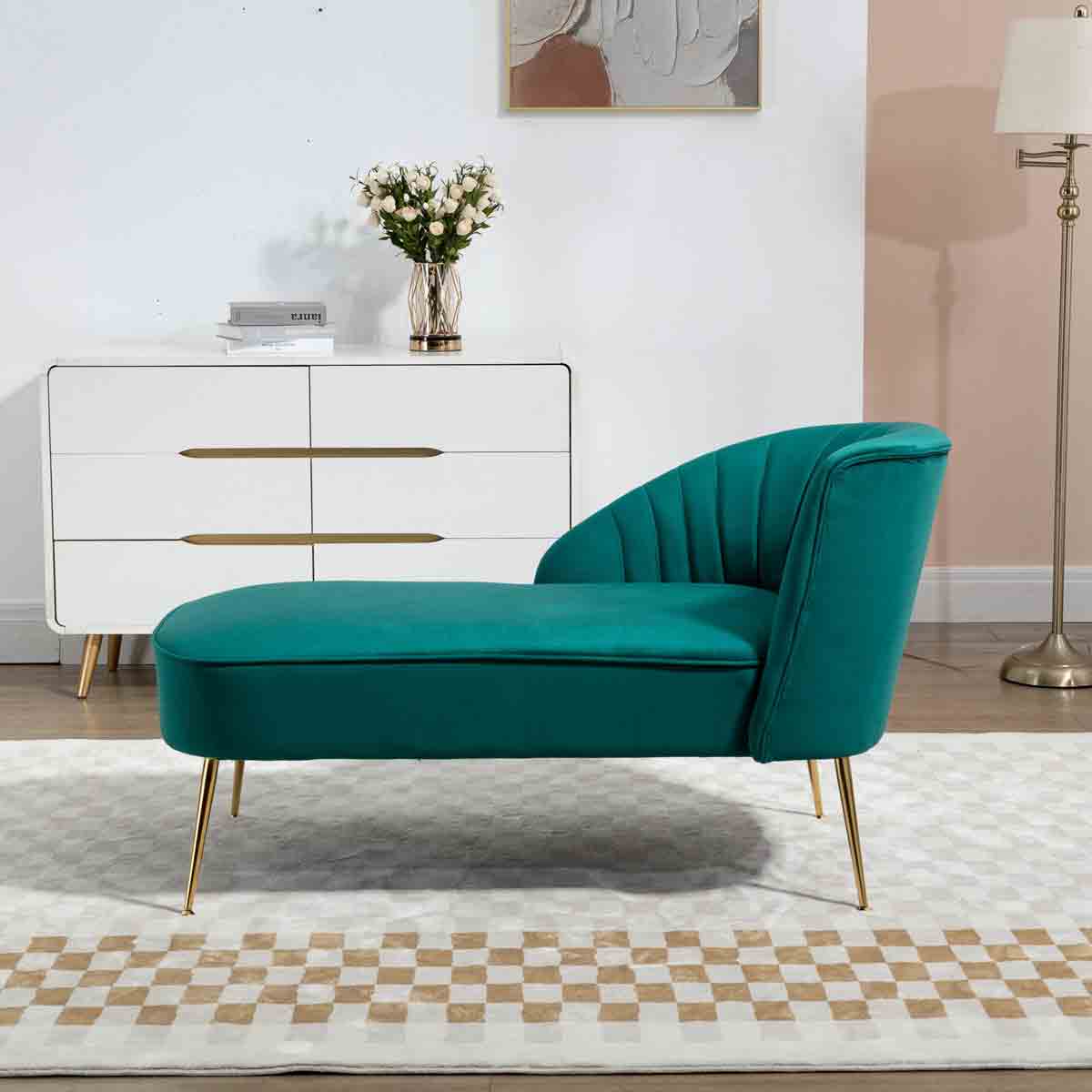 Vieste 130Cm Wide Green Velvet Fabric Shell Back Chaise Lounge Sofa With Golden Coloured Legs