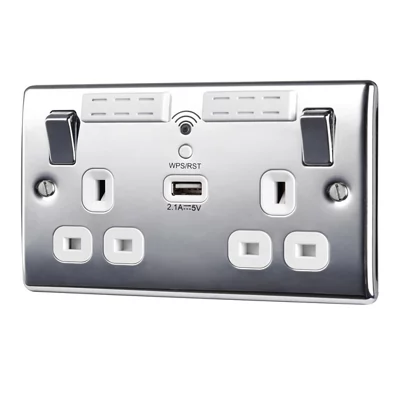 BG Chrome 13A Switched Double Wifi Extender Socket With Usb