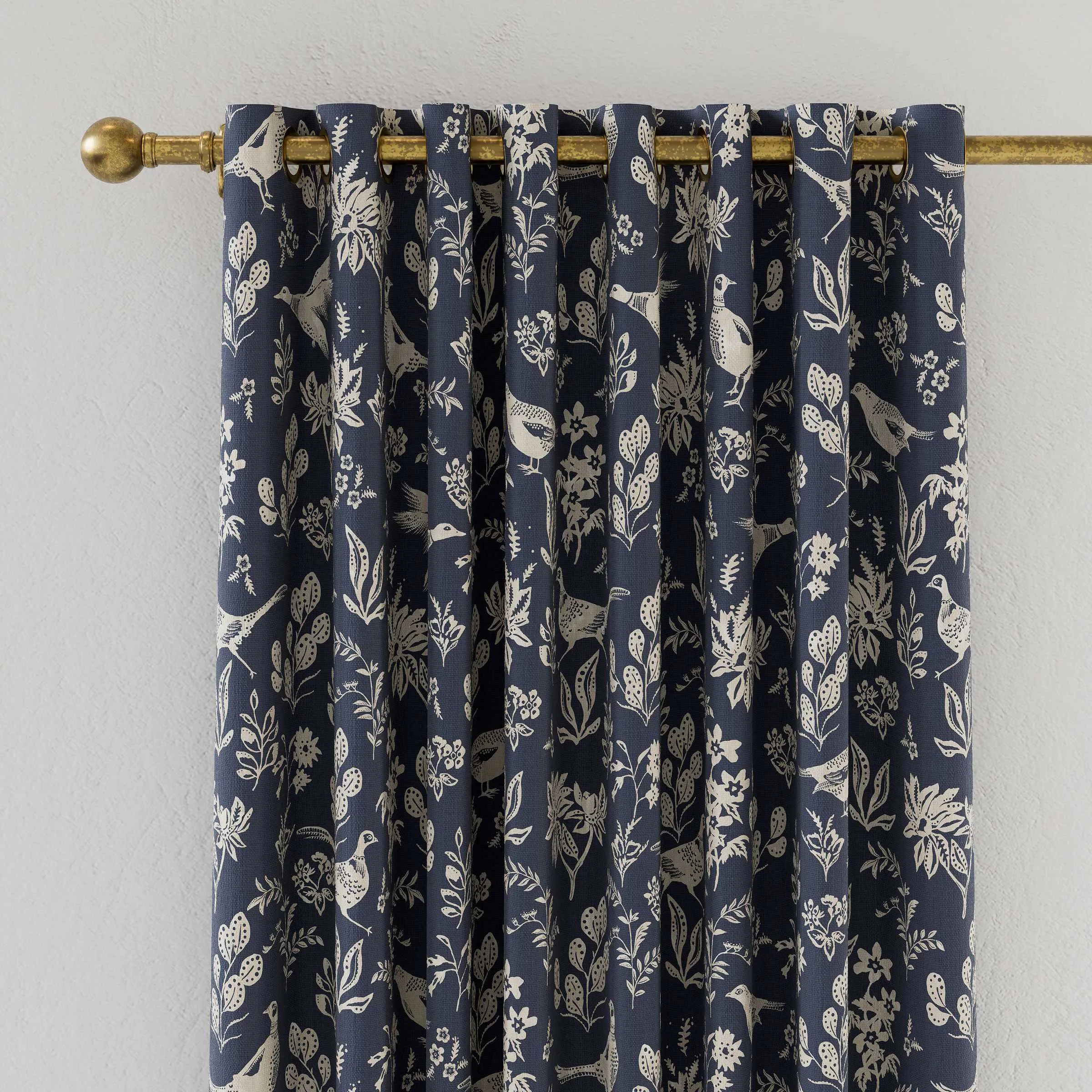 Joules Festival Pheasants Lined Curtains 66" x 54", Navy