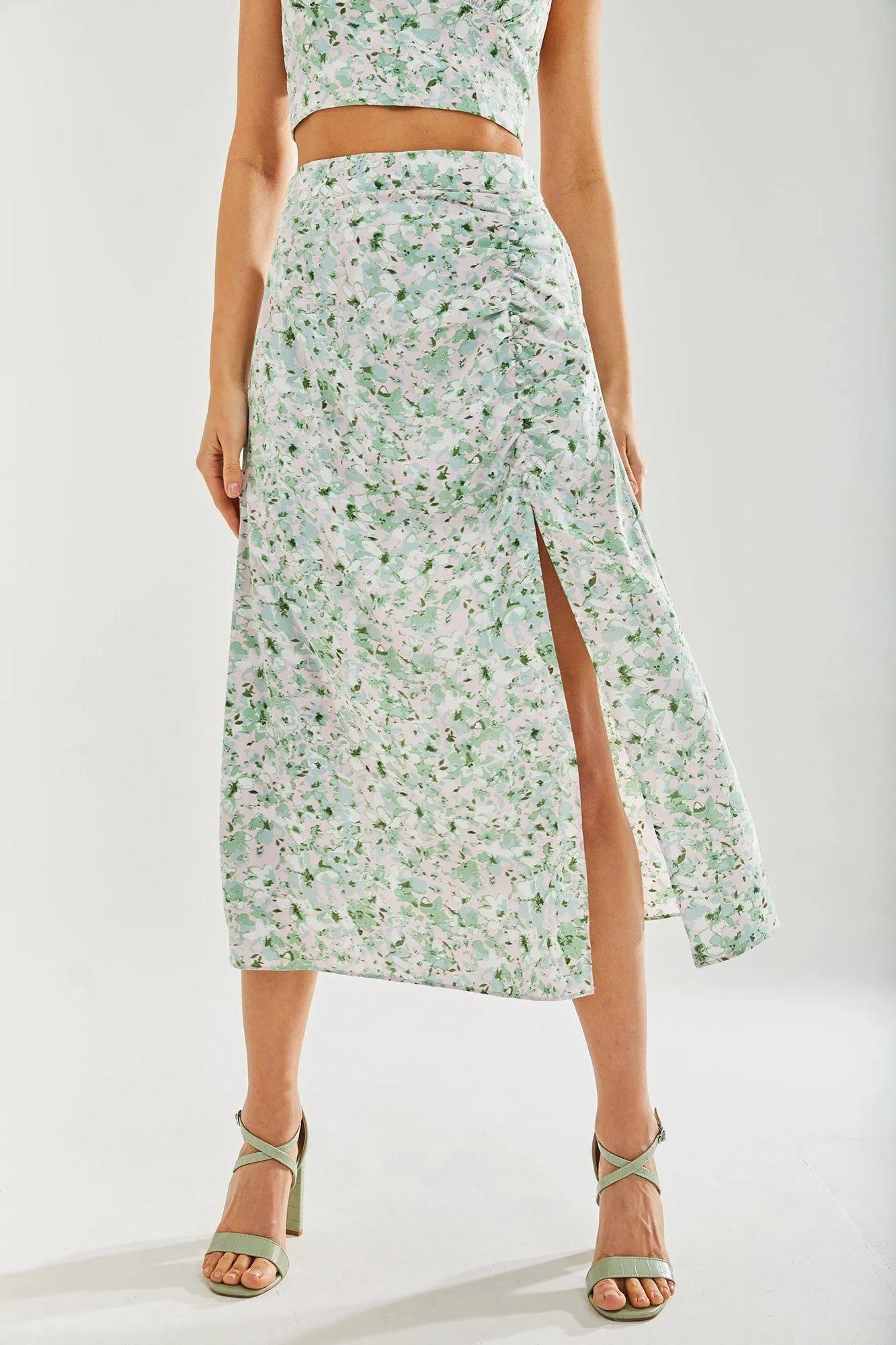Liquorish Green Floral Midi Skirt