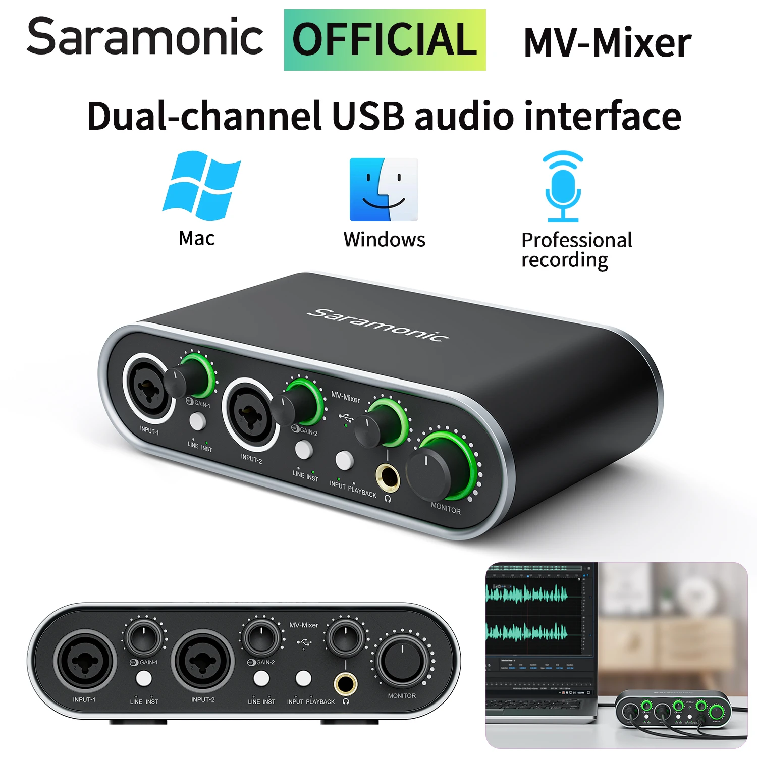 Saramonic MV-Mixer Dual-Channel USB Microphone Audio Interface for Singers Guitarists Musicians