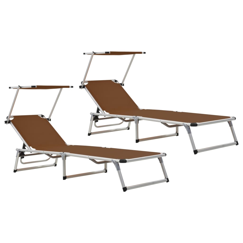 VidaXL Folding Sun Loungers with Roof 2 pcs Aluminium&Textilene Brown