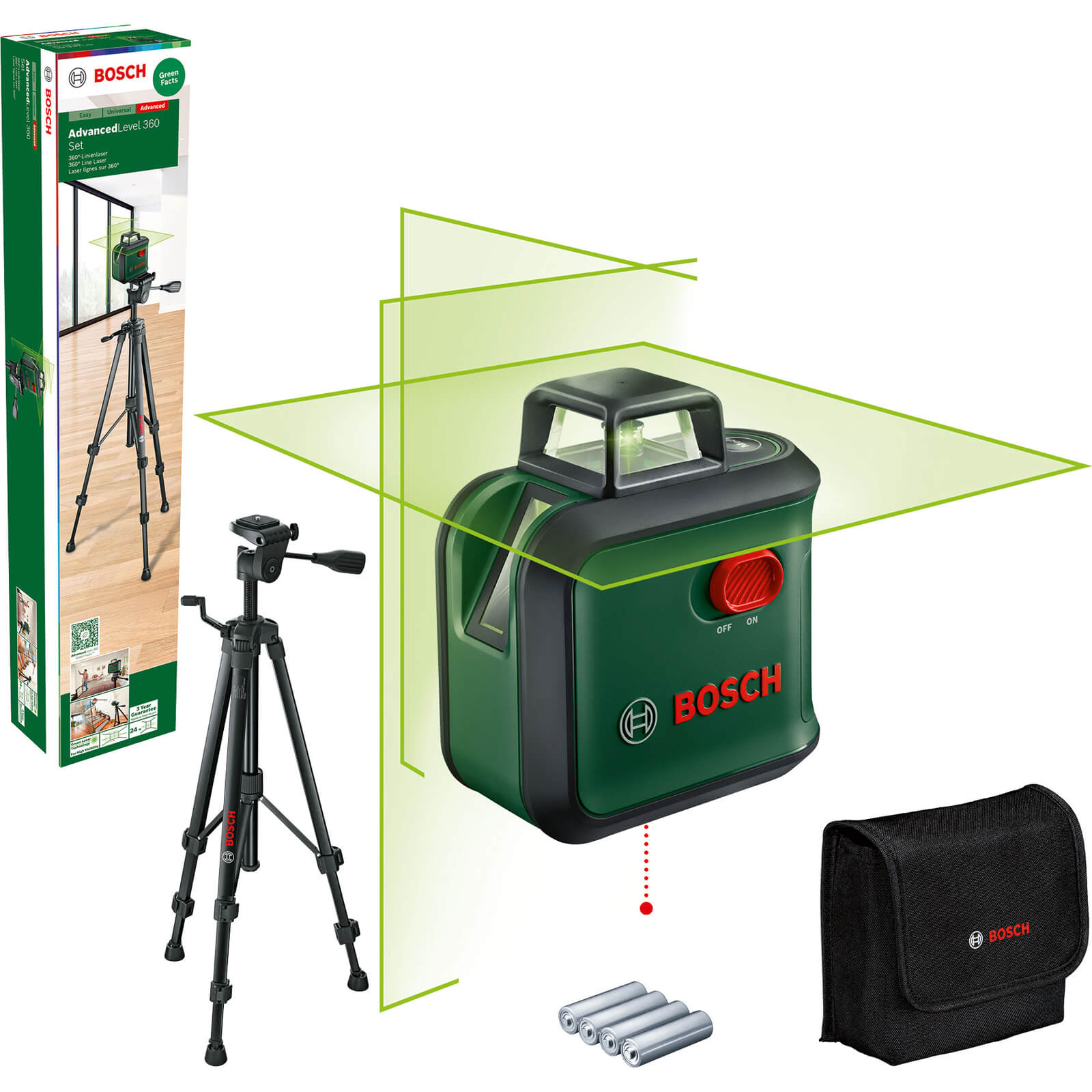 BOSCH HOME AND GARDEN Bosch Advancedlevel 360 Self Levelling Cross Line Green Laser Level Tripod Set