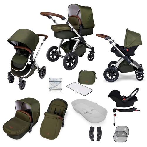 Ickle bubba V4 Travel System - Woodland on Chrome, Tan Handles with Car Seat